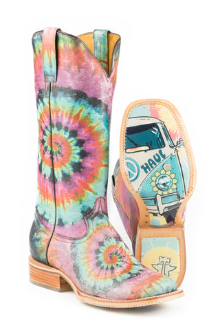 Tin Haul Womens Groovy Tie Dye Camper Multi-Color Leather Cowboy Boots