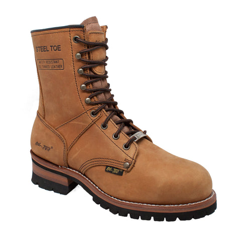 AdTec Mens 9in Steel Toe Logger Brown Work Boots
