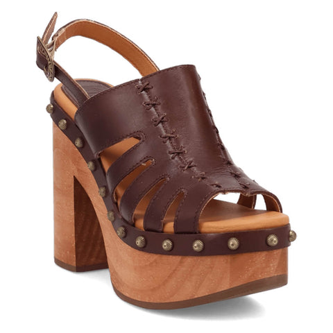 Dingo Womens Gema Wooden Brown Leather Stud Sandals Shoes