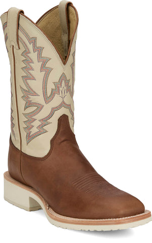 Justin Mens Trainor 11in Western Caramel/Off-White Leather Cowboy Boots