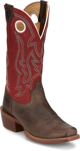 Justin Mens Ante Up 13in Western Hickory/Red Leather Frontier Cowboy Boots