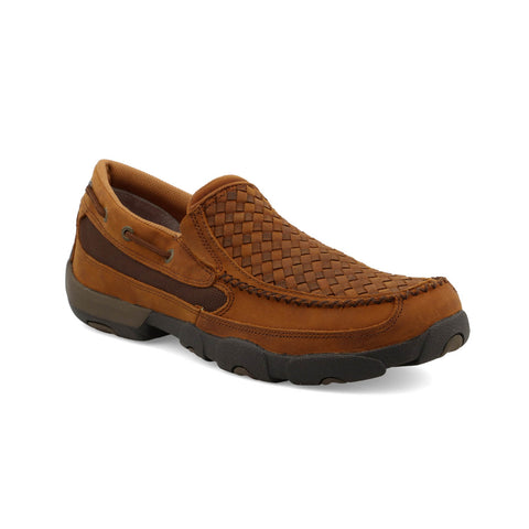 Twisted X Mens Driving Moc Woven Oiled Saddle/Brown Leather Slip-On Shoes