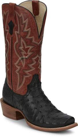 Tony Lama Mens Rylen 13in Black/Red Full Quill Ostrich Cowboy Boots