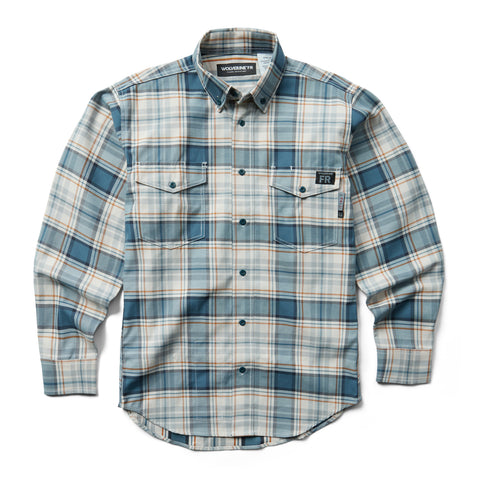 Wolverine Mens FR Plaid Twill Navy/Red/White Cotton Blend L/S Shirt